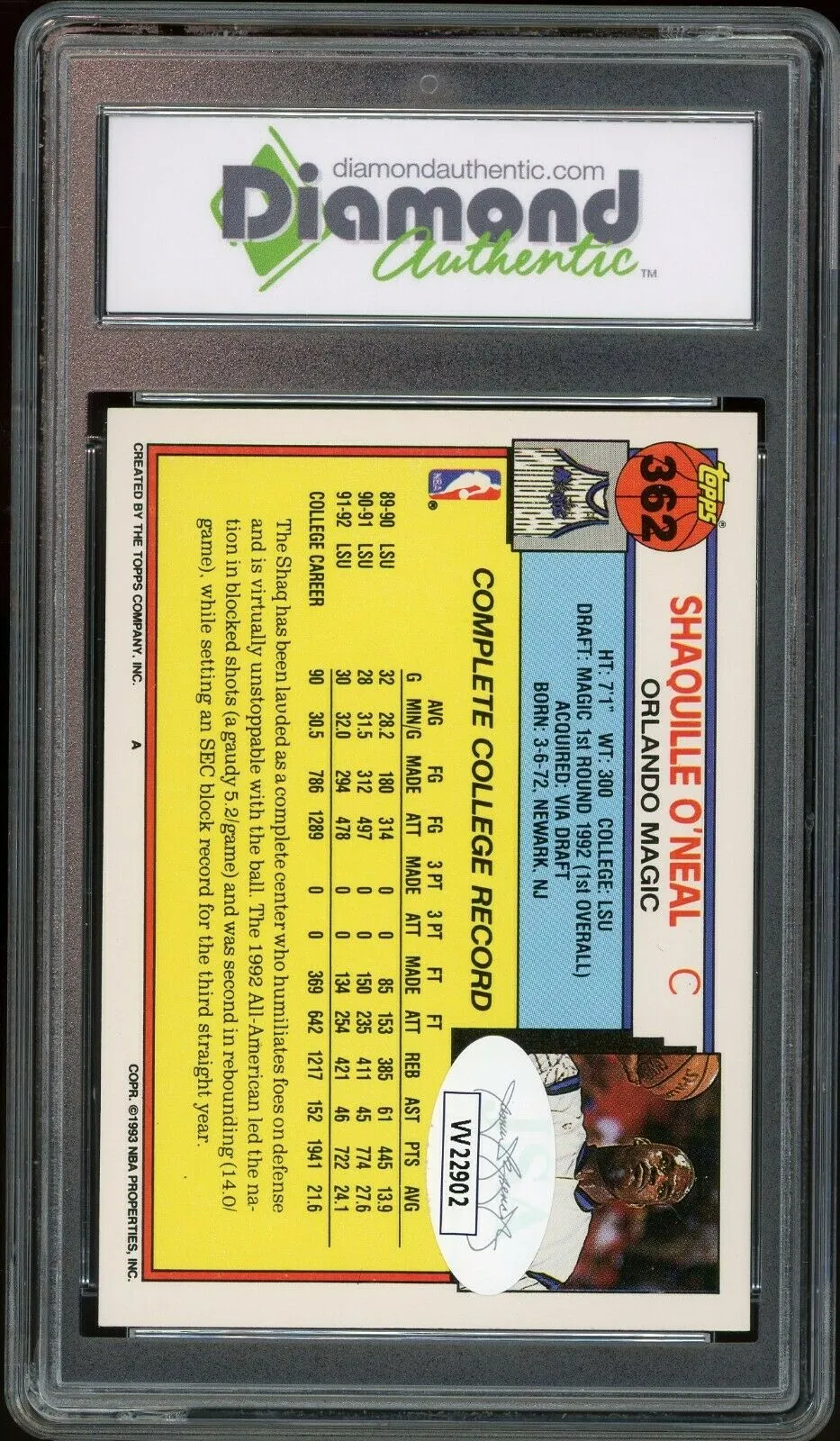 1992 Topps #362 Shaquille O'Neal RC Rookie Magic JSA DGA 10 Auto