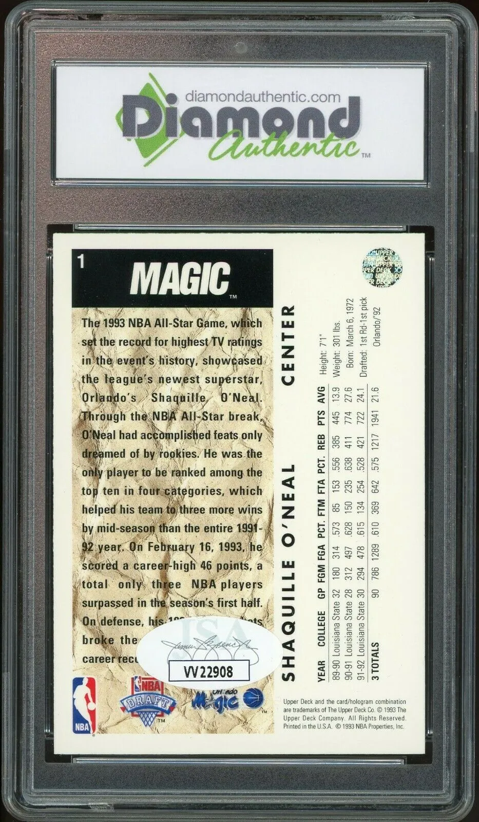 1992 Upper Deck #1 Shaquille O'Neal RC Rookie Magic JSA DGA 10 Auto