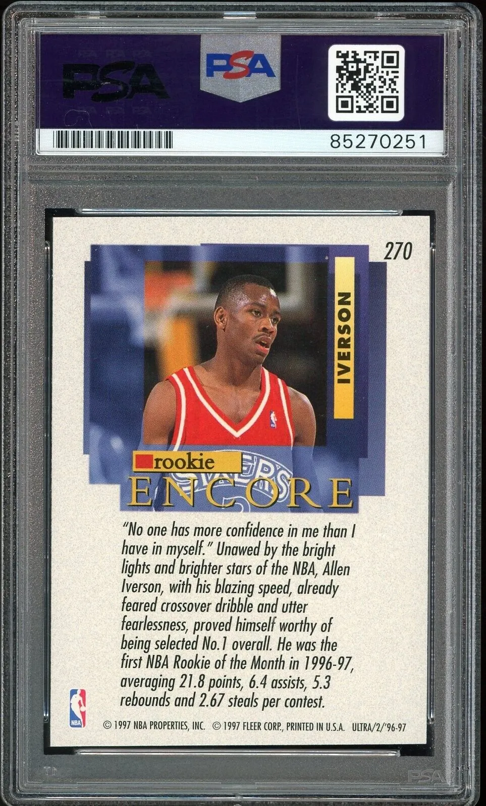 1996 Fleer Ultra #270 Allen Iverson RC On Card PSA/DNA Auto GEM MINT 10