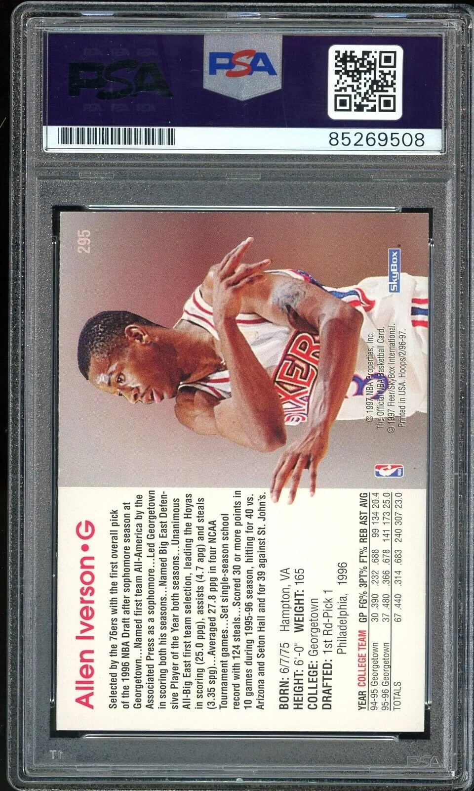 1996 Hoops #295 Allen Iverson RC Rookie On Card PSA/DNA Auto GEM MINT 10