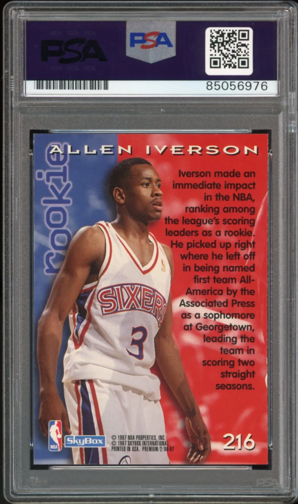 1996 Skybox Premium #216 Allen Iverson RC Rookie 76ers PSA/DNA Auto GEM MINT 10