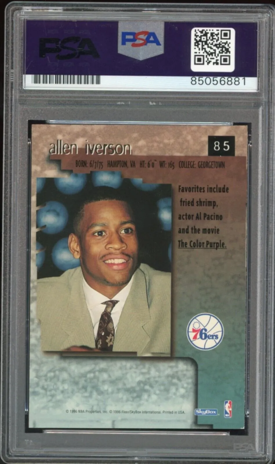 1996 Skybox Premium #85 Allen Iverson RC Rookie 76ers PSA/DNA Auto GEM MINT 10