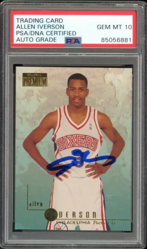 1996 Skybox Premium #85 Allen Iverson RC Rookie 76ers PSA/DNA Auto GEM MINT 10