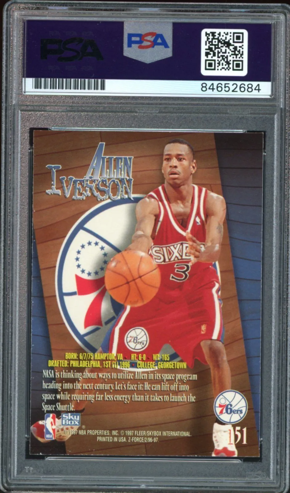 1996 Skybox Z Force #151 Allen Iverson RC Rookie 76ers PSA/DNA Auto GEM MINT 10