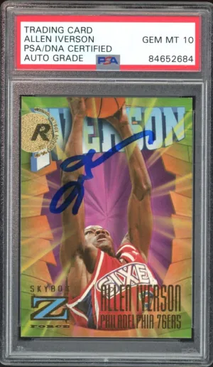 1996 Skybox Z Force #151 Allen Iverson RC Rookie 76ers PSA/DNA Auto GEM MINT 10