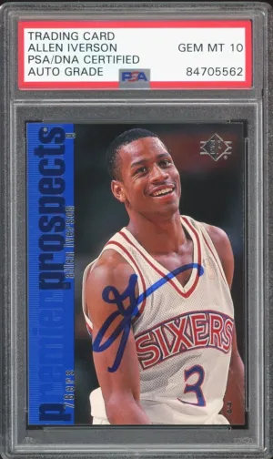 1996 SP #141 Allen Iverson RC Rookie 76ers On Card PSA/DNA Auto GEM MINT 10