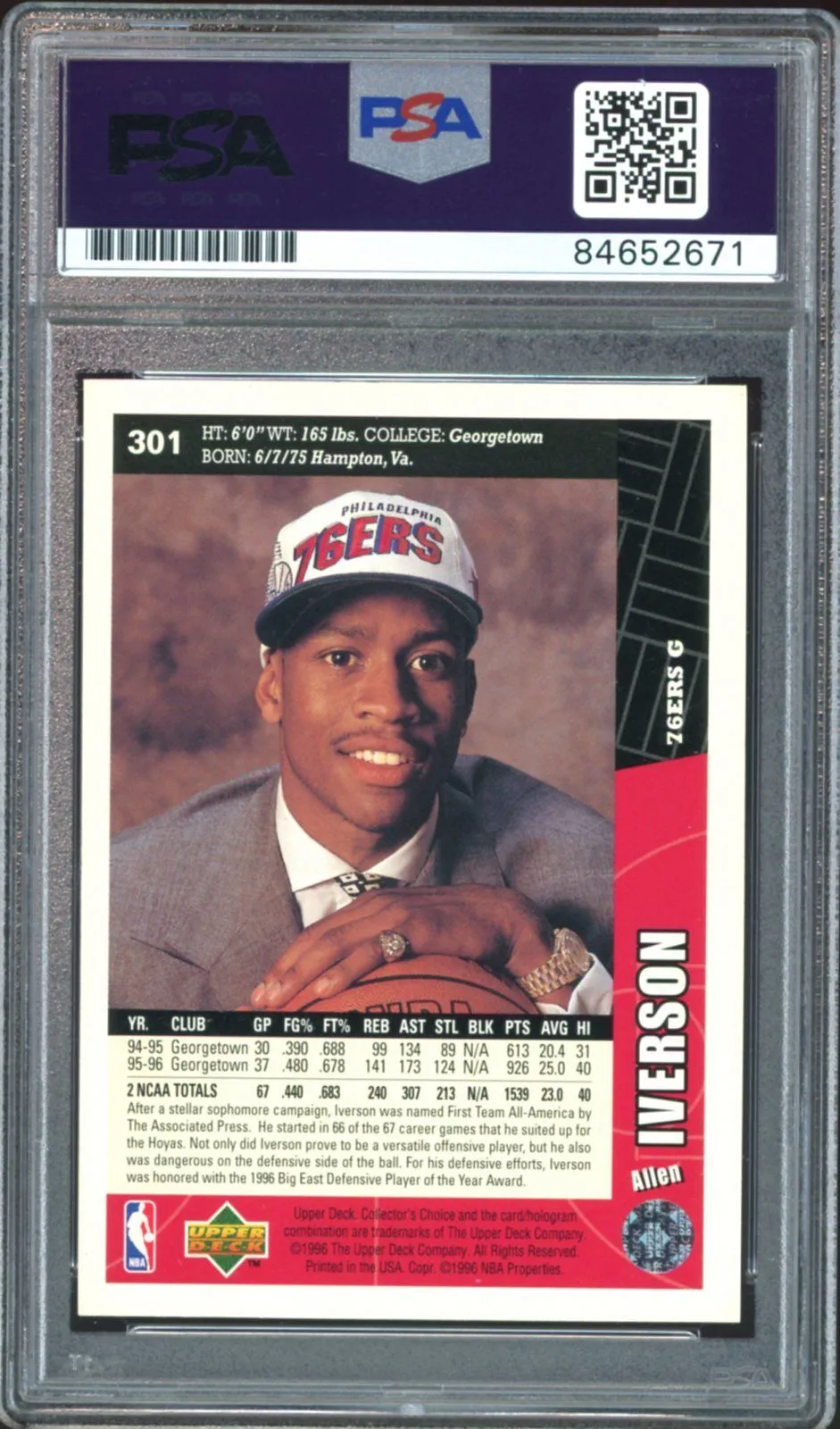 1996 Upper Deck #301 Allen Iverson RC Rookie 76ers PSA/DNA Auto GEM MINT 10