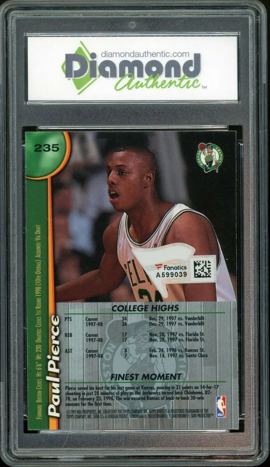 1998 Topps Finest #235 Paul Pierce RC Fanatics Signed DGA 10 Auto