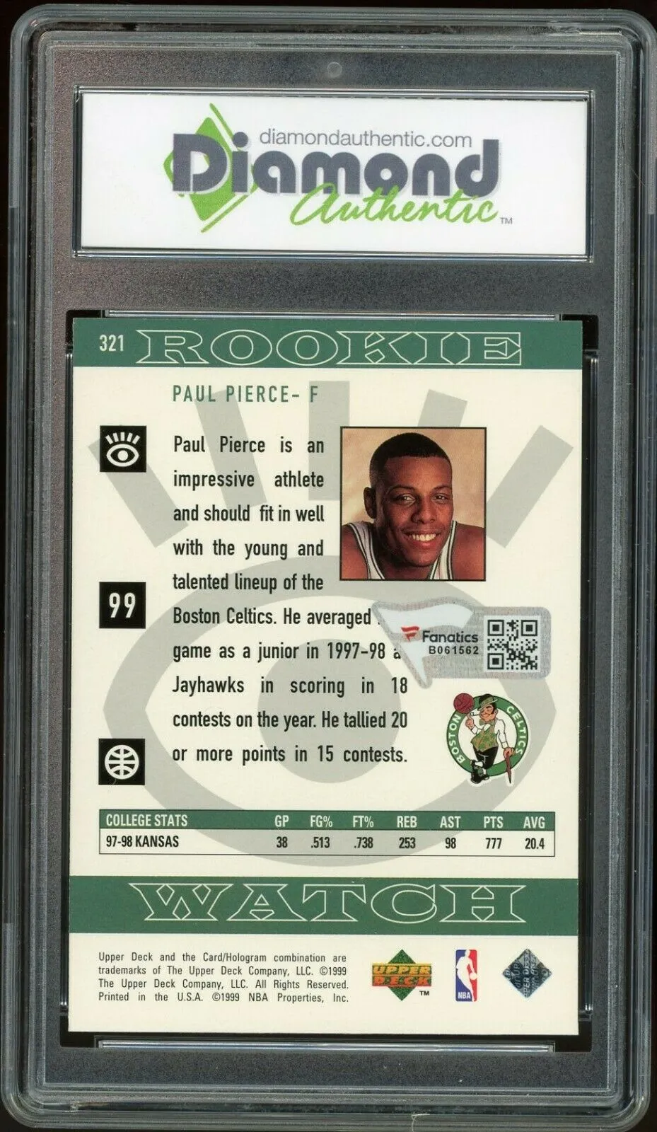 1998 Upper Deck #321 Paul Pierce RC Fanatics Signed DGA 10 Auto