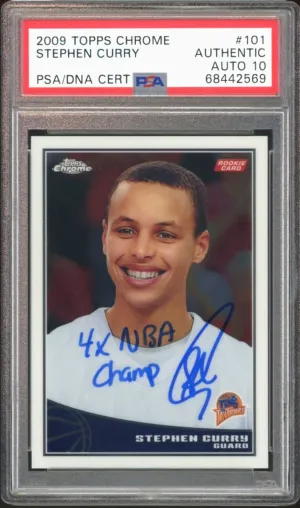 2009 Topps Chrome Stephen Curry RC 4x NBA Champ On Card PSA Authentic Auto 10