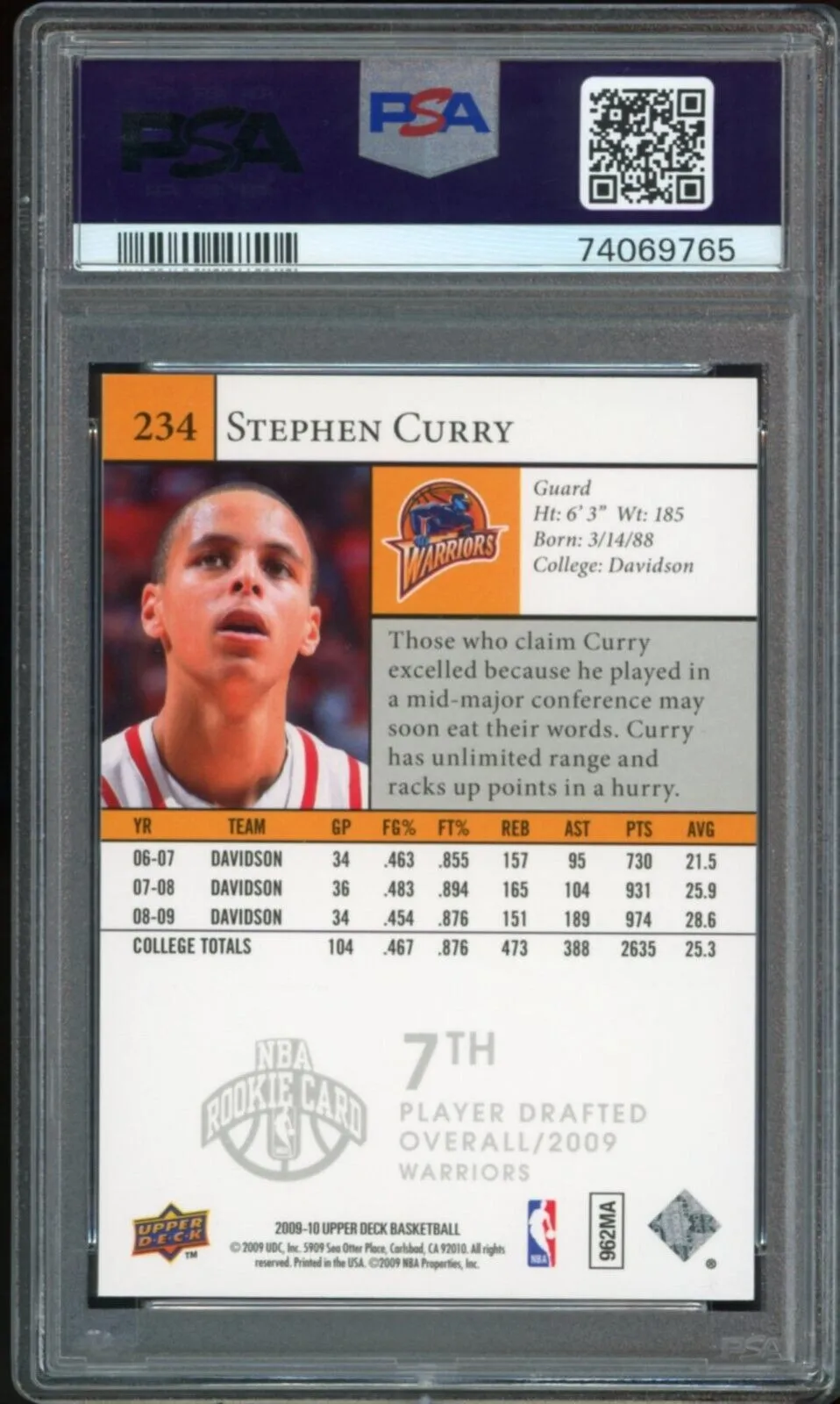 2009 Upper Deck #234 Stephen Curry RC Rookie On Card PSA 9/10 Auto MINT Warriors