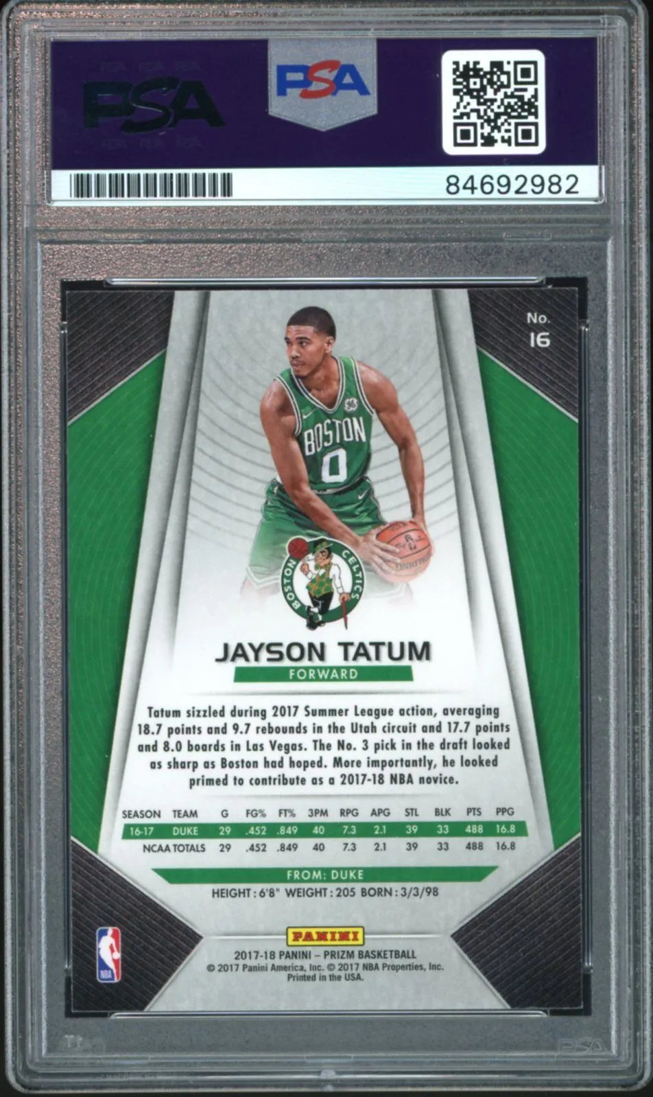 2017 Panini Prizm #16 Jayson Tatum RC On Card Green Ink PSA/DNA Auto Authentic