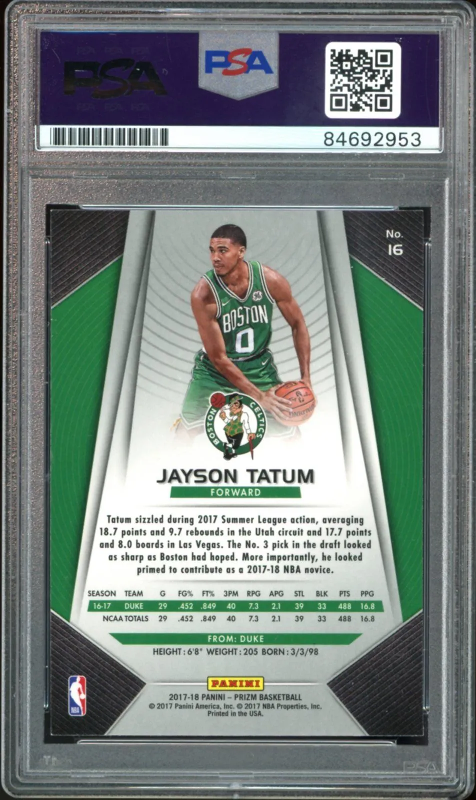 2017 Panini Prizm #16 Jayson Tatum RC On Card Green Ink PSA/DNA Auto GEM MINT 10