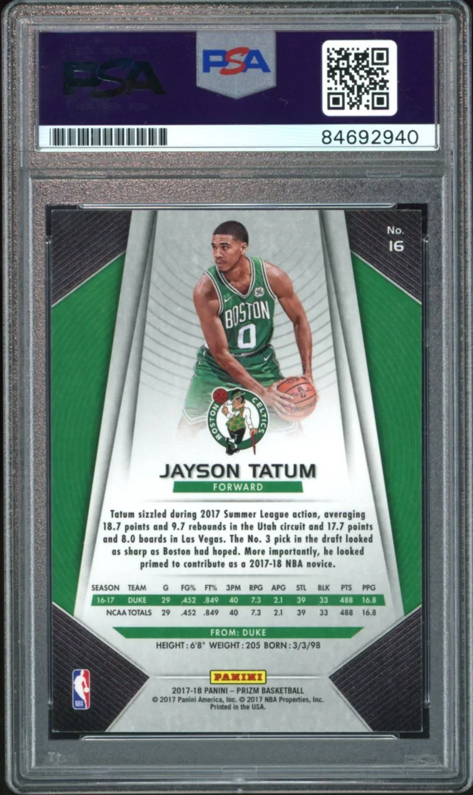 2017 Panini Prizm #16 Jayson Tatum RC On Card Green Ink PSA/DNA Auto GEM MINT 10
