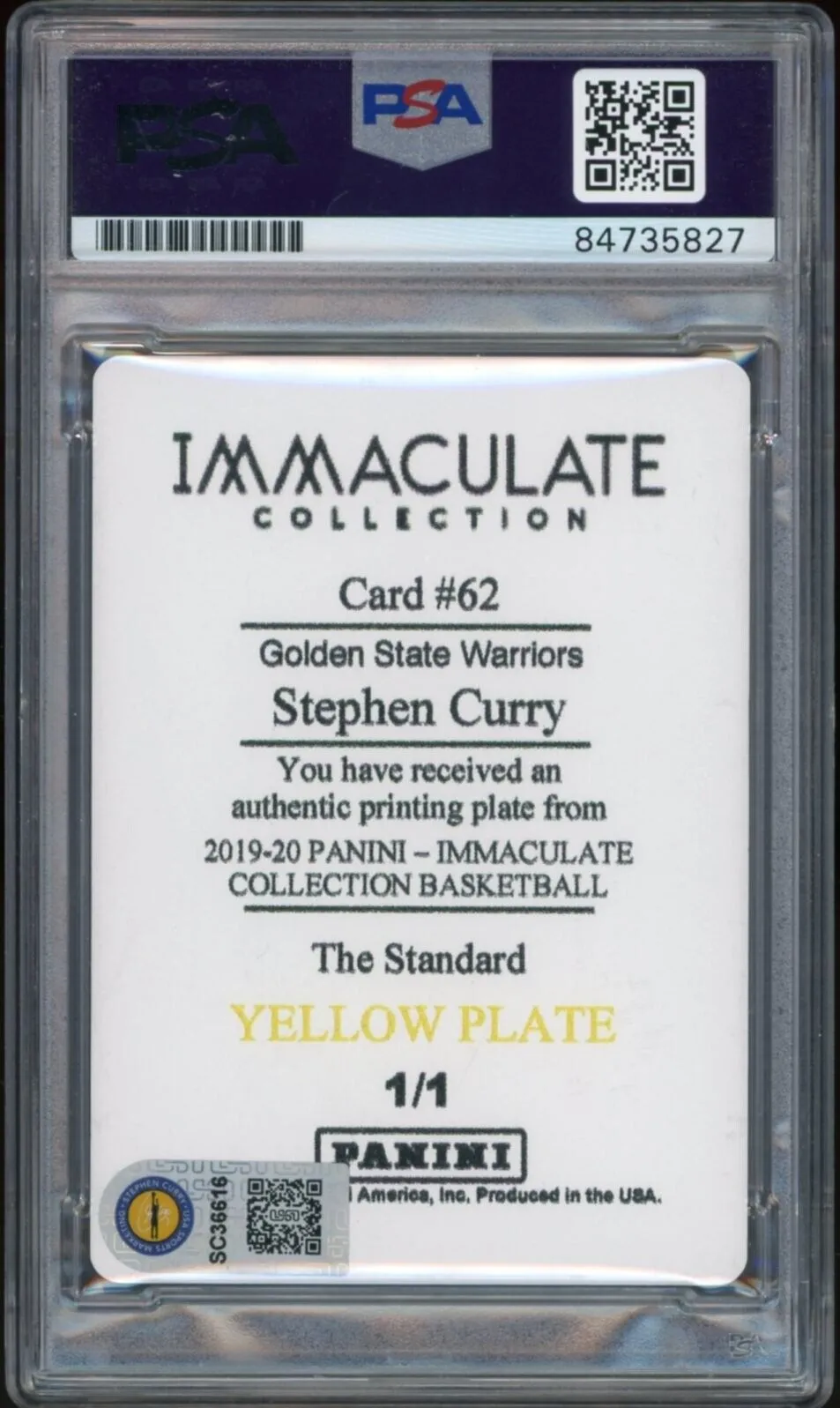 2019 Panini Immaculate Printing Plate 1/1 Stephen Curry PSA/DNA Auto GEM MINT 10