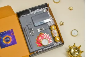 2024 Diwali Combo 2.0 (Classy Metal Flip Card Cover Diary   Classy Metal Keychain   Pen   Classy Steel Cardholder   Ferrero Rocher   Diya) Grey