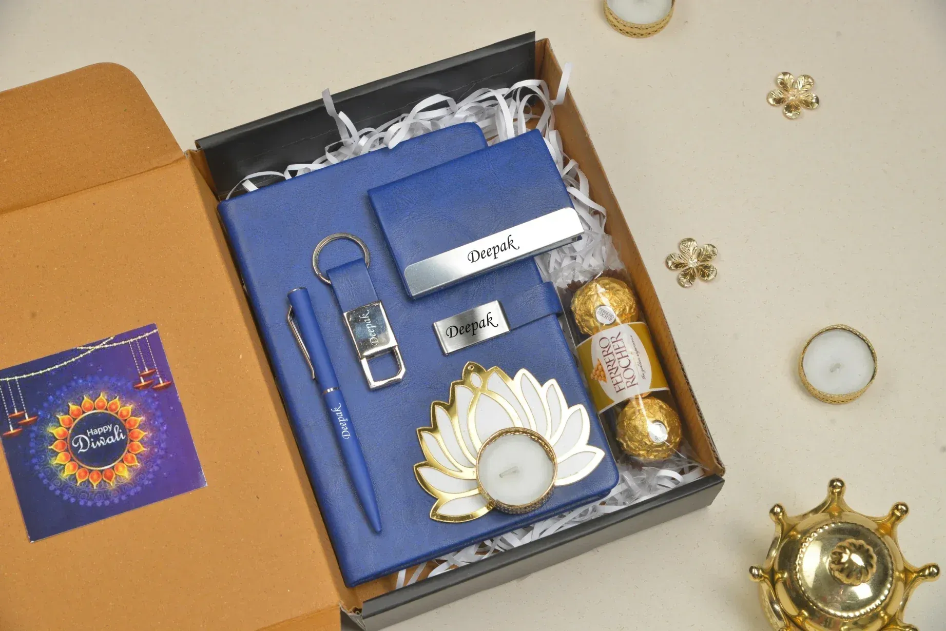 2024 Diwali Combo 2.0 (Classy Metal Flip Card Cover Diary   Classy Metal Keychain   Pen   Classy Steel Cardholder   Ferrero Rocher   Diya) Royal Blue
