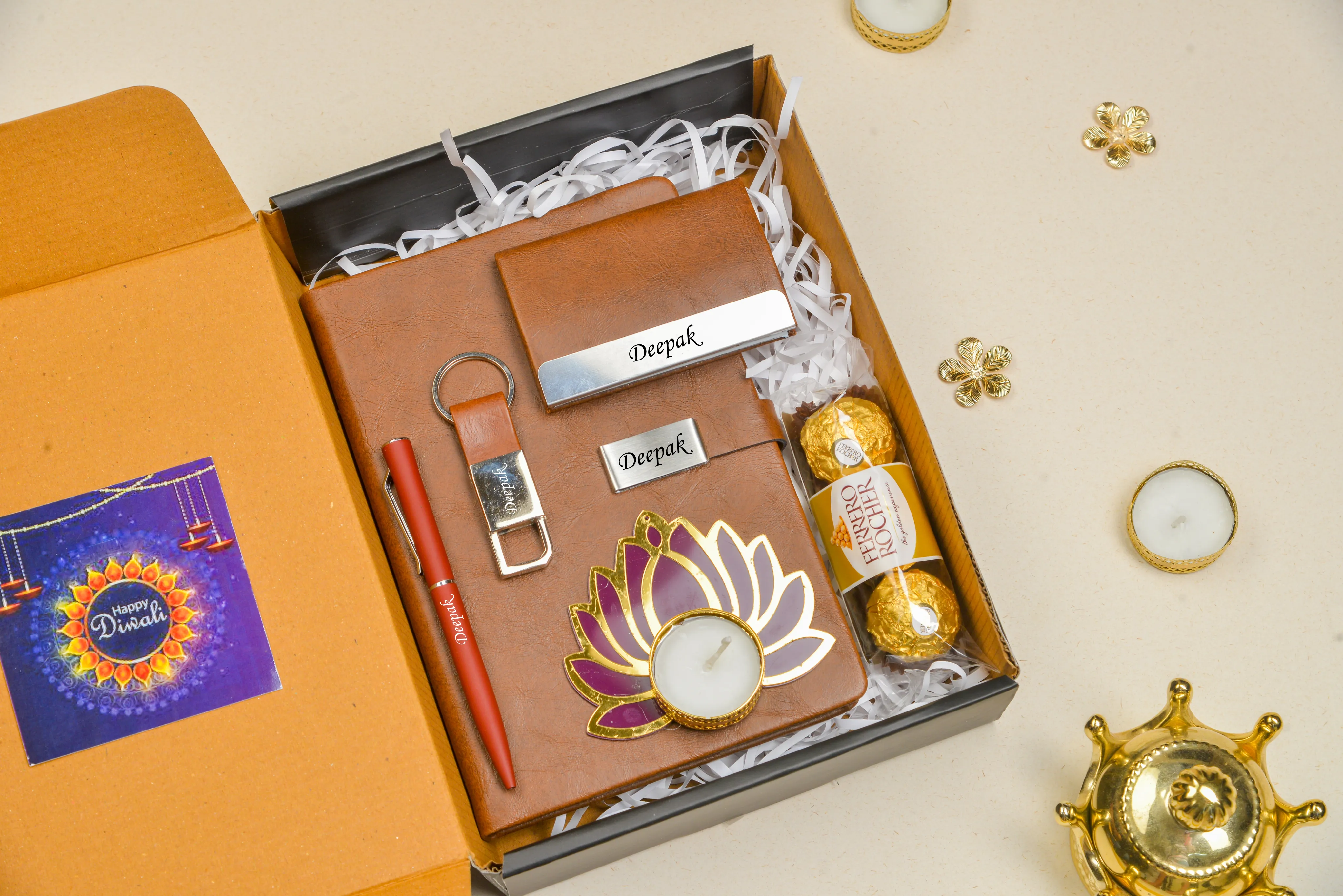 2024 Diwali Combo 2.0 (Classy Metal Flip Card Cover Diary   Classy Metal Keychain   Pen   Classy Steel Cardholder   Ferrero Rocher   Diya) - Tan