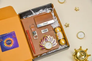 2024 Diwali Combo 2.0 (Classy Metal Flip Card Cover Diary   Classy Metal Keychain   Pen   Classy Steel Cardholder   Ferrero Rocher   Diya) - Tan