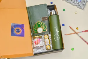 2024 Diwali Combo 3.0 (Classy Executive Flip Diary   Dryfruit Jar   Ferrero Rocher   Classic Bottle)Olive Green