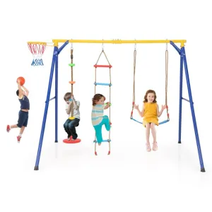 4-in-1 Heavy Duty Pikler Swing Set | Climbing Ladder| Disc Swing | Basketball Hoop | 3-9 Years