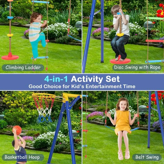 4-in-1 Heavy Duty Pikler Swing Set | Climbing Ladder| Disc Swing | Basketball Hoop | 3-9 Years