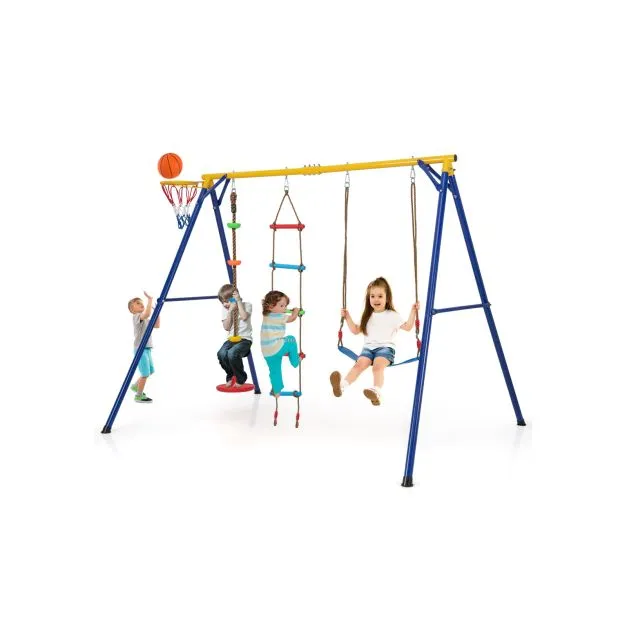 4-in-1 Heavy Duty Pikler Swing Set | Climbing Ladder| Disc Swing | Basketball Hoop | 3-9 Years