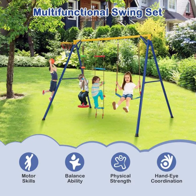 4-in-1 Heavy Duty Pikler Swing Set | Climbing Ladder| Disc Swing | Basketball Hoop | 3-9 Years