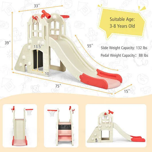 6-In-1 Large Slide for Kids Toddler Climber Slide Playset with Basketball Hoop-P