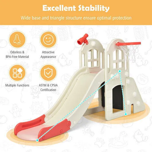 6-In-1 Large Slide for Kids Toddler Climber Slide Playset with Basketball Hoop-P