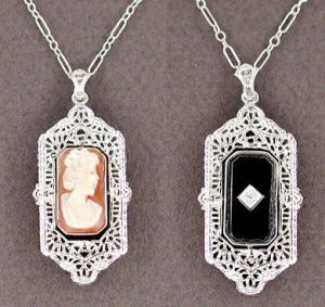 Art Deco Filigree Cameo Onyx & Diamond Flip Pendant - 14 Karat White Gold