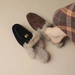 binfenxie  -  Sheep Suede Mules Women Warm Real Rabbit Fur Slip-on Autumn Winter Slippers Casual Loafers Ladies Flats Shoes