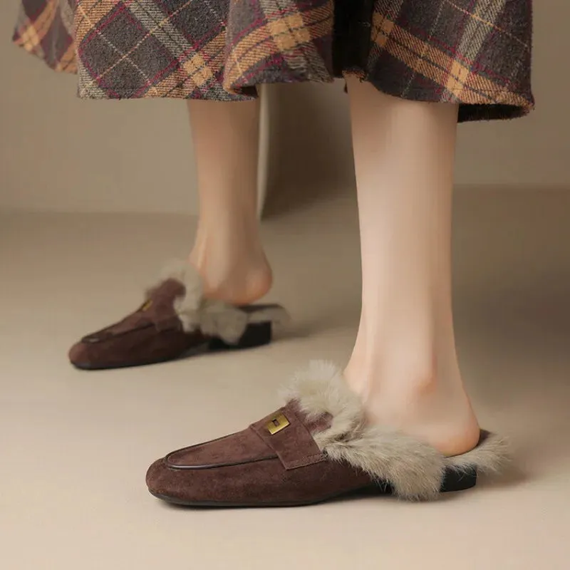 binfenxie  -  Sheep Suede Mules Women Warm Real Rabbit Fur Slip-on Autumn Winter Slippers Casual Loafers Ladies Flats Shoes