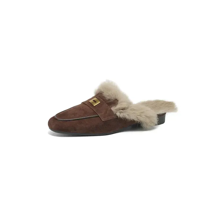 binfenxie  -  Sheep Suede Mules Women Warm Real Rabbit Fur Slip-on Autumn Winter Slippers Casual Loafers Ladies Flats Shoes