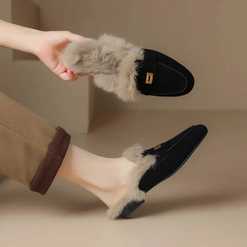 binfenxie  -  Sheep Suede Mules Women Warm Real Rabbit Fur Slip-on Autumn Winter Slippers Casual Loafers Ladies Flats Shoes