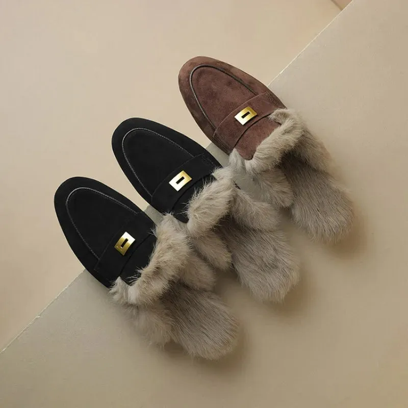 binfenxie  -  Sheep Suede Mules Women Warm Real Rabbit Fur Slip-on Autumn Winter Slippers Casual Loafers Ladies Flats Shoes