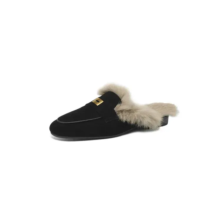 binfenxie  -  Sheep Suede Mules Women Warm Real Rabbit Fur Slip-on Autumn Winter Slippers Casual Loafers Ladies Flats Shoes