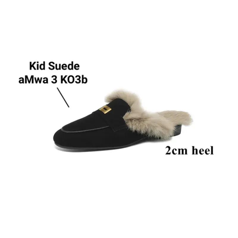 binfenxie  -  Sheep Suede Mules Women Warm Real Rabbit Fur Slip-on Autumn Winter Slippers Casual Loafers Ladies Flats Shoes