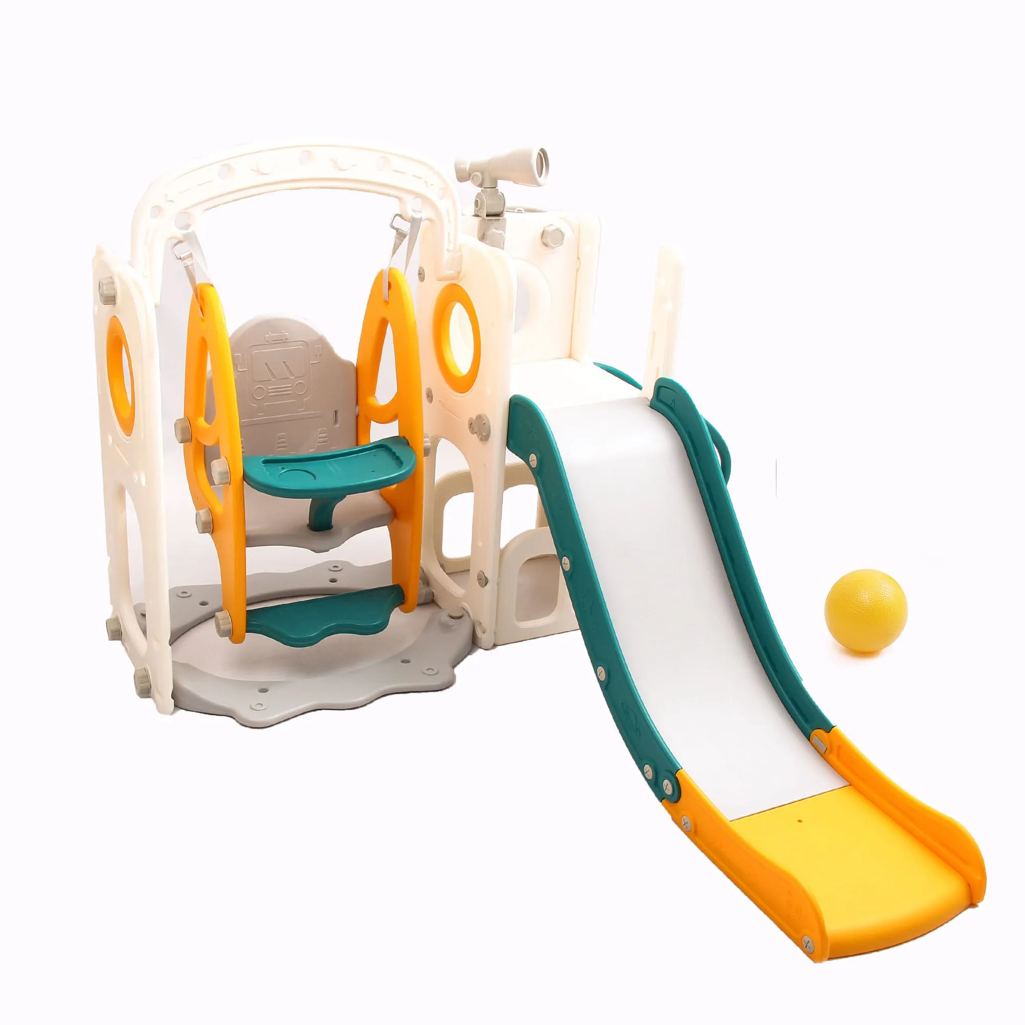 Bus 5-in-1 Kids Slide & Swing Set | Basketball Hoop | Storage Area | Telescope
