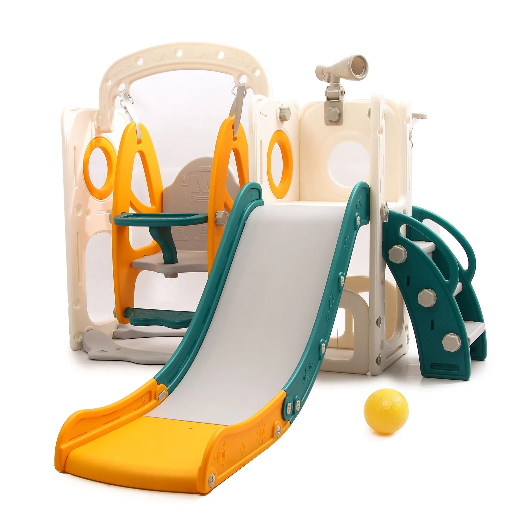 Bus 5-in-1 Kids Slide & Swing Set | Basketball Hoop | Storage Area | Telescope