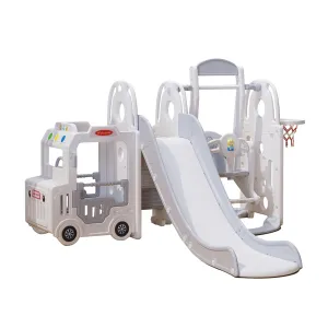 Bus Playhouse 5-in-1 Kids Slide & Swing Set | Basketball Hoop | Music