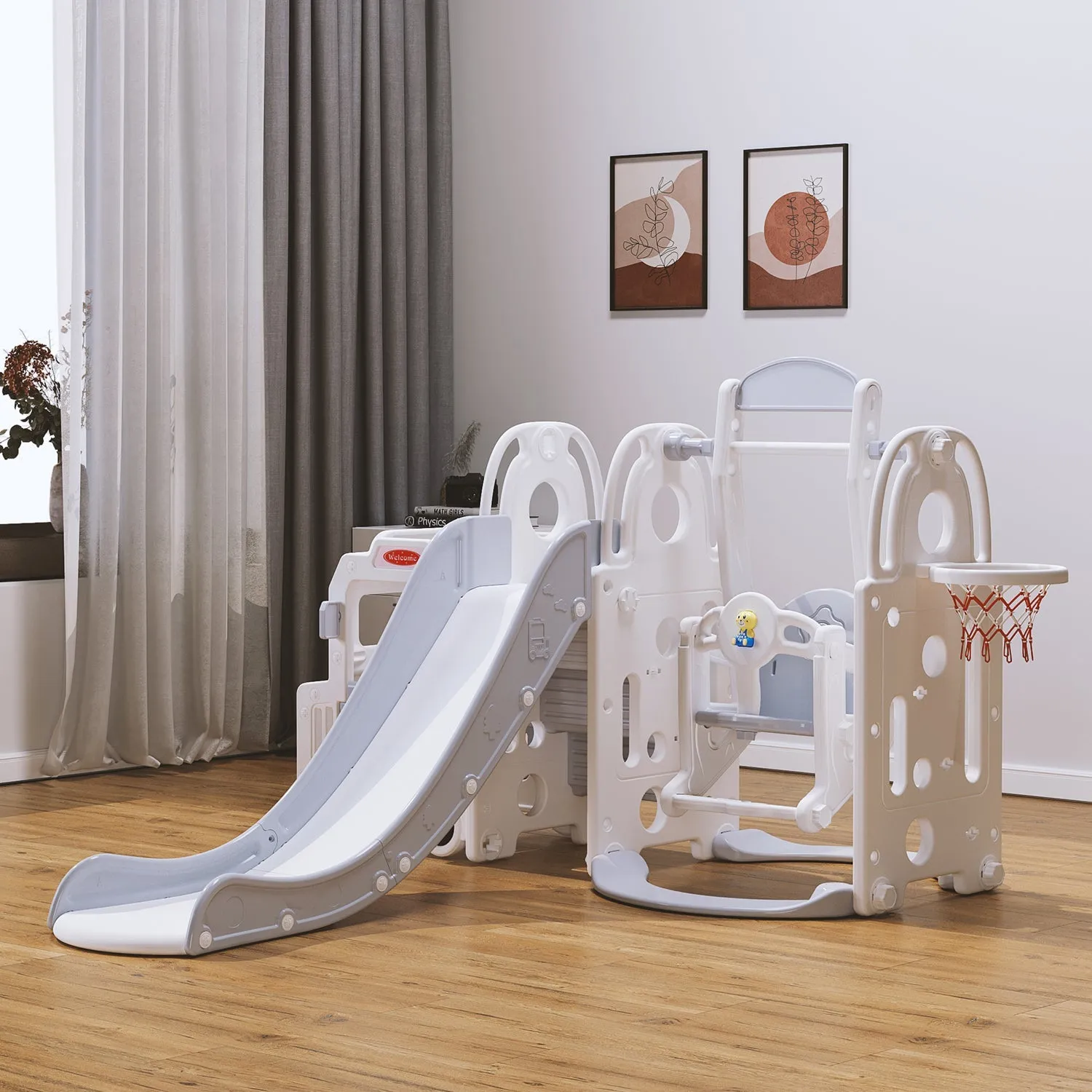 Bus Playhouse 5-in-1 Kids Slide & Swing Set | Basketball Hoop | Music