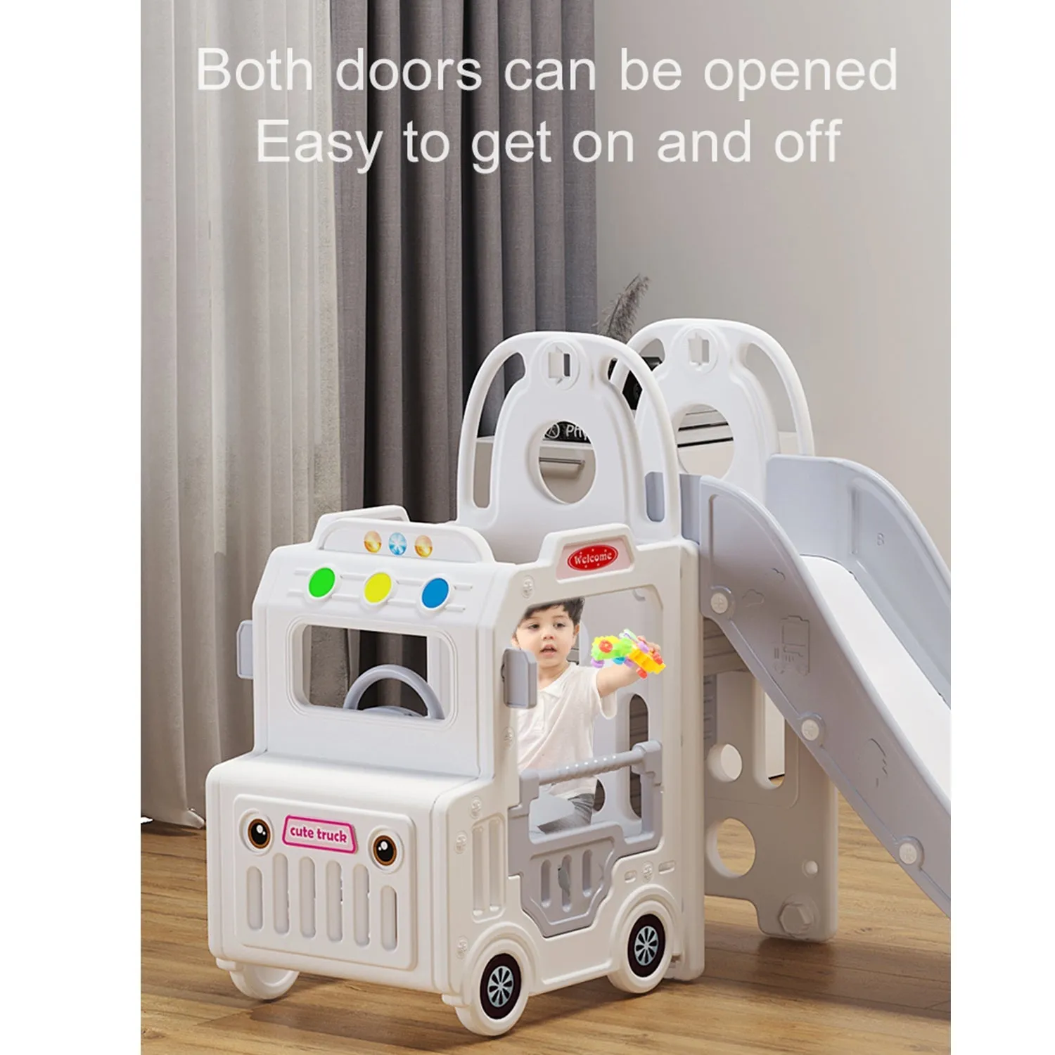 Bus Playhouse 5-in-1 Kids Slide & Swing Set | Basketball Hoop | Music