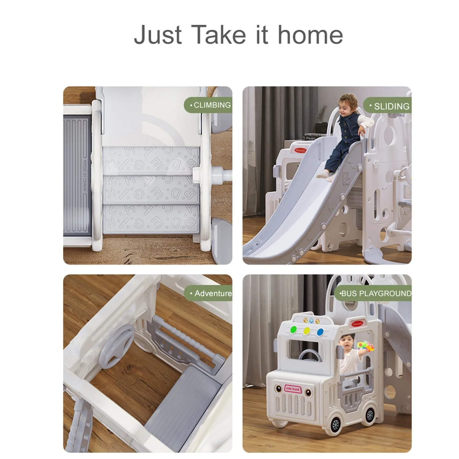 Bus Playhouse 5-in-1 Kids Slide & Swing Set | Basketball Hoop | Music
