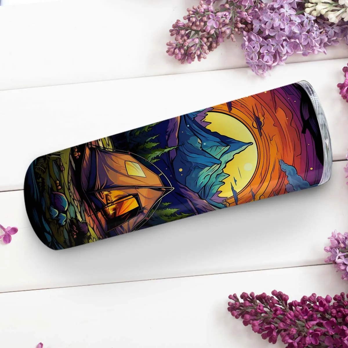 Camping Mountain Sunset 20oz Skinny Tumbler, Outdoors Tumbler, Retro Camping, Vibrant Tumbler, Trending Tumbler