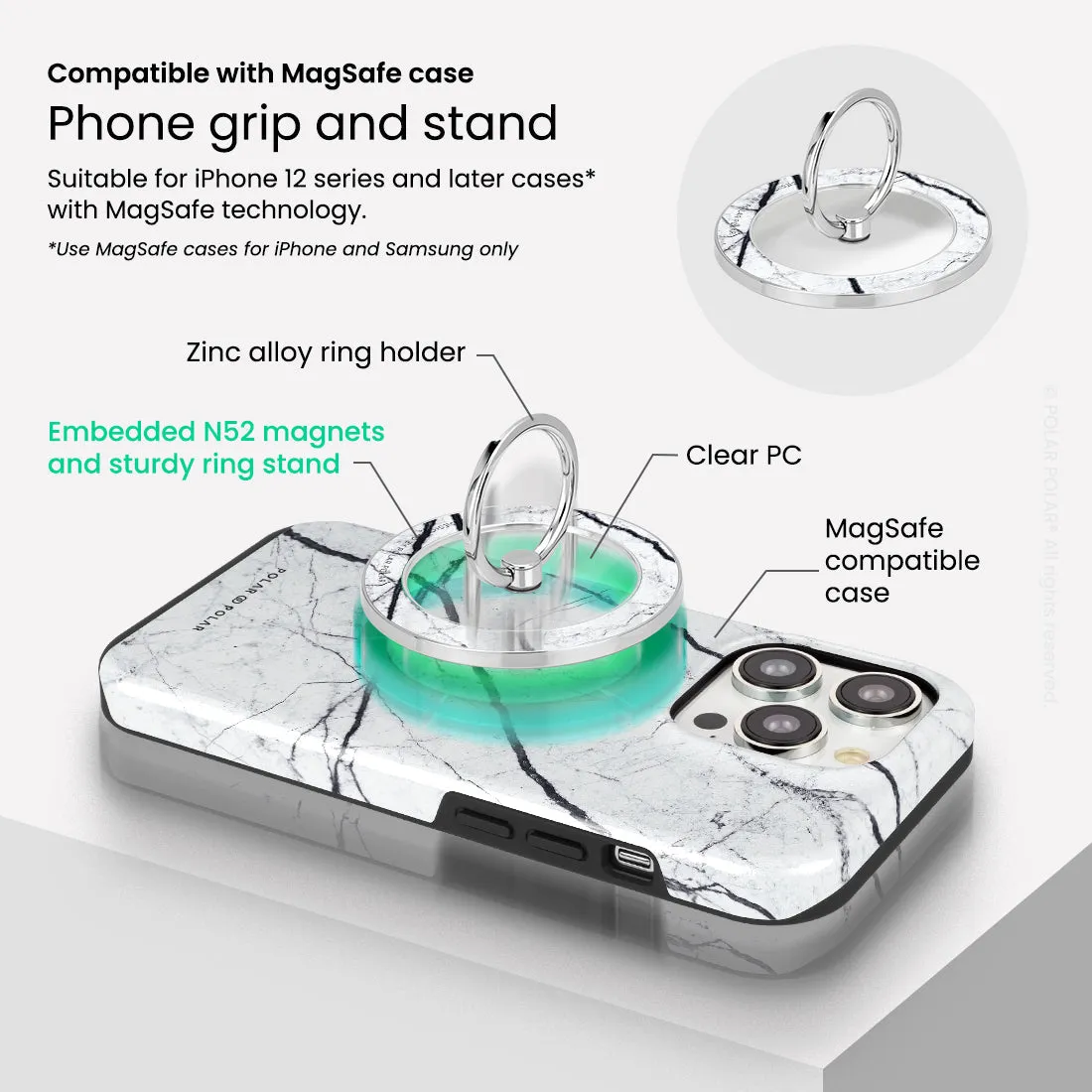 Classic White - Silver MagSafe Phone Grip and Ring Holder Stand