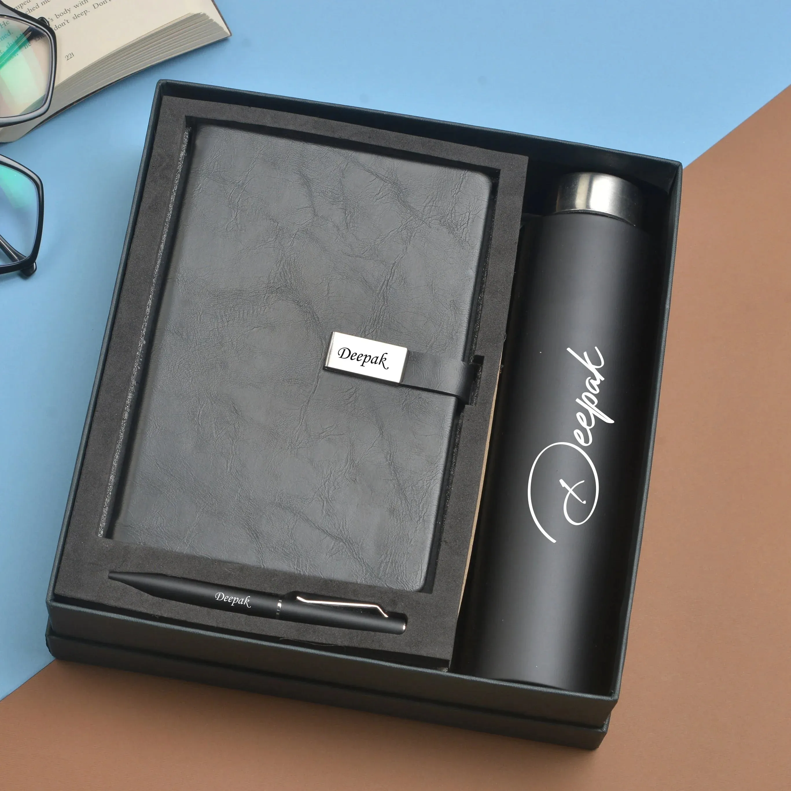 Classy Metal Flip Diary   Classic Metal Pen   Classic Smart Bottle  (Black) - Black