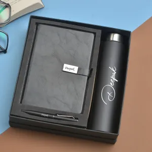 Classy Metal Flip Diary   Classic Metal Pen   Classic Smart Bottle  (Black) - Black