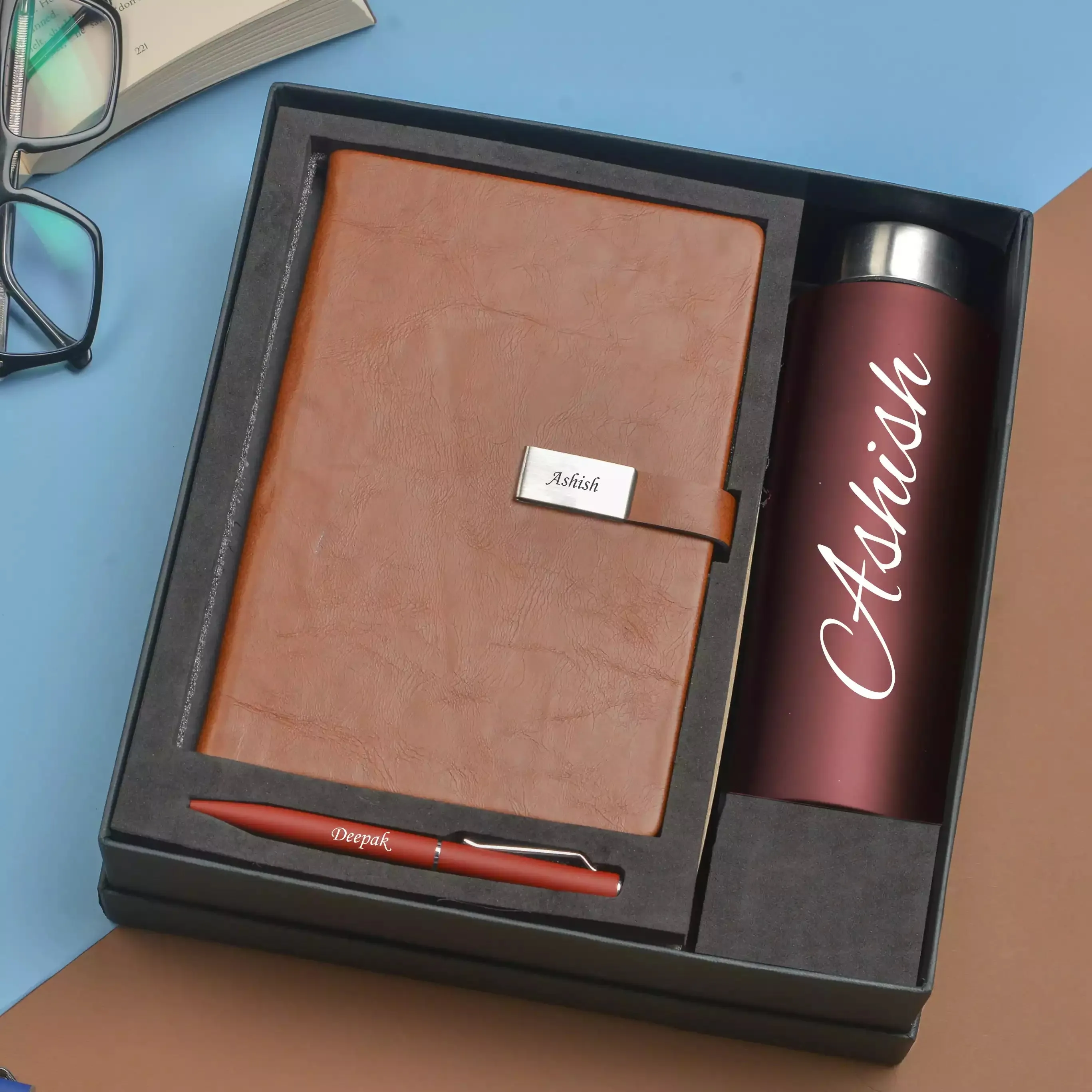 Classy Metal Flip Diary   Classic Metal Pen   Classic Smart Bottle  (Black) - Brown