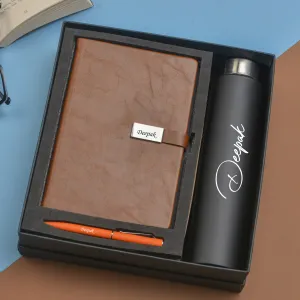 Classy Metal Flip Diary   Classic Metal Pen   Classic Smart Bottle  (Black) - Brown